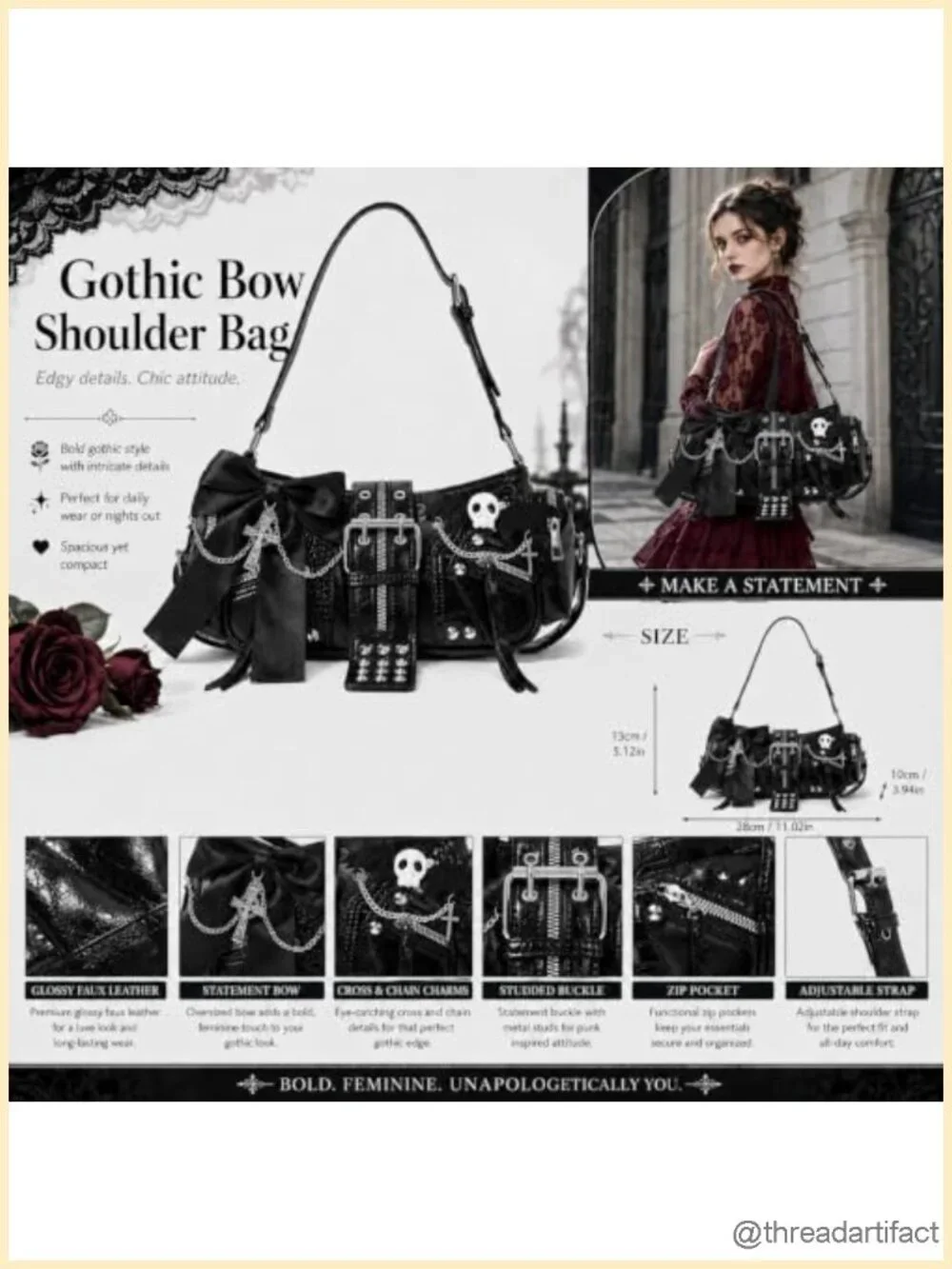 Faux Leather Shoulder Bag with Skull and Cross Charms, Studded Gothic Crossbody